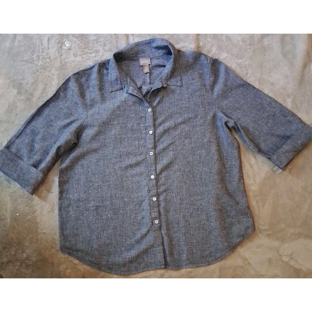 Chico's 100% Linen Tunic Indigo Blue 3/4 Sleeve Button Top Size 3/XL/16